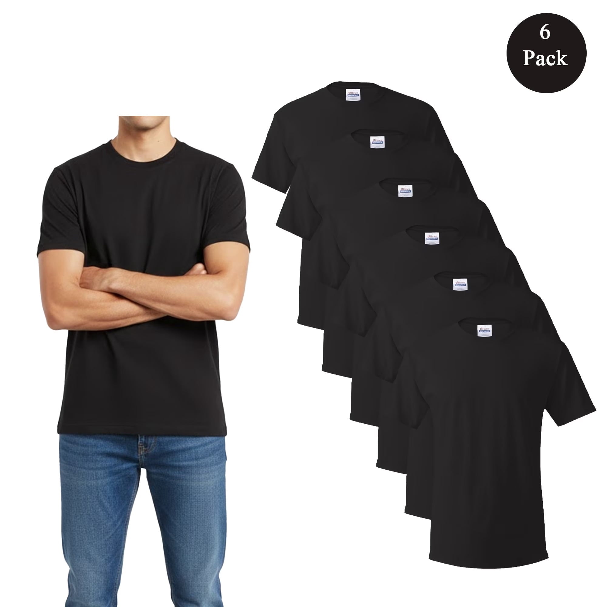 HANES Short Sleeve T-Shirt For Men's - S Size | 100% Cotton 6 Pack Black Color Crew Neck Tee